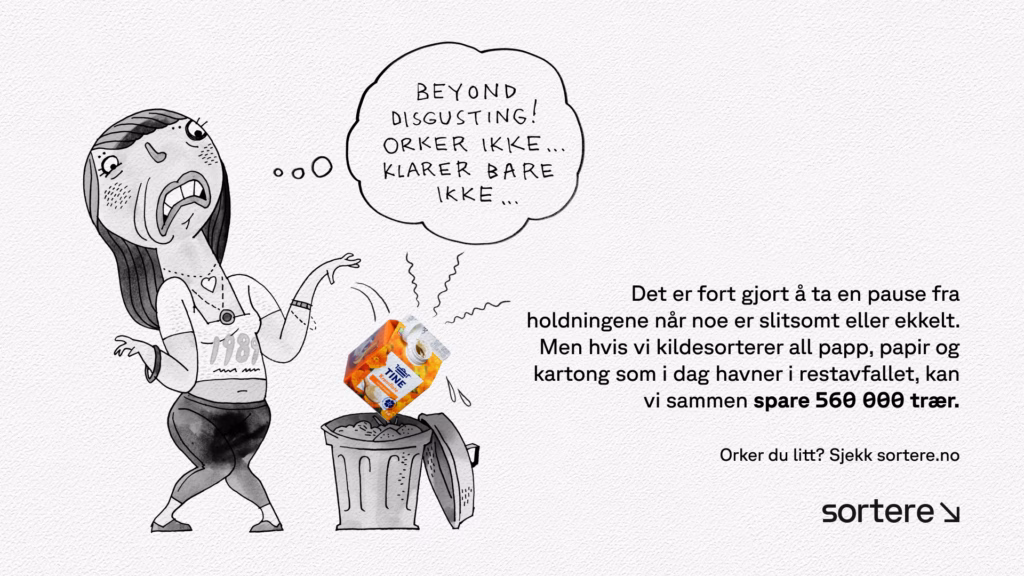 Illustrasjon av en person som kaster en drikkekartong i restavfallet, med oppfordring om å kildesortere papp, papir og kartong.